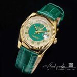 Replica Rolex Day Date 36mm Green Enamel Diamond Gypsophila Gold Dial Watch (4)