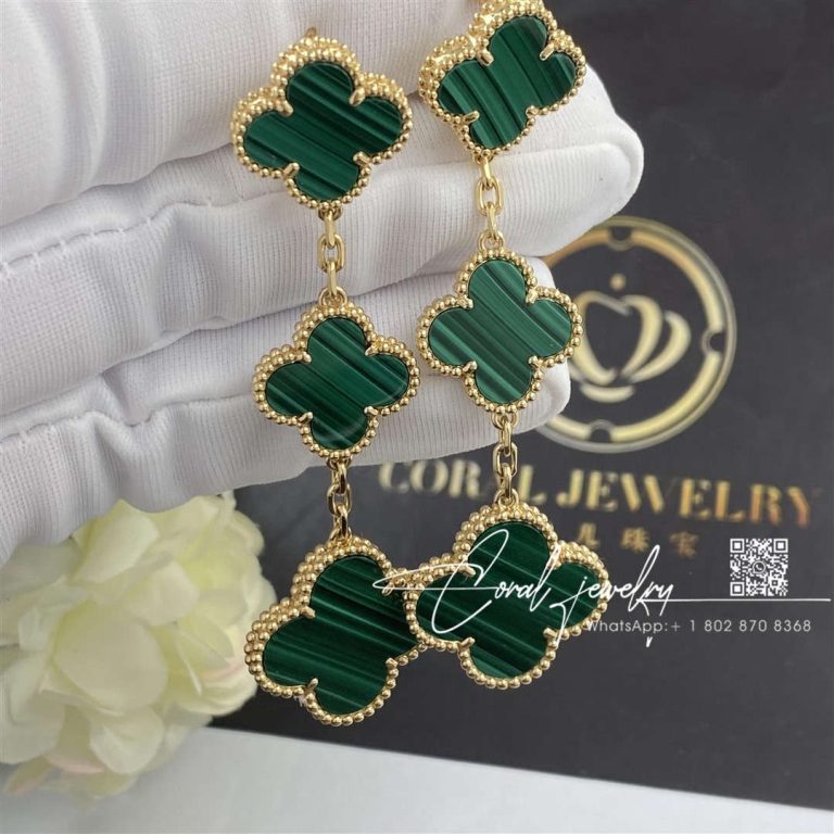 Van Cleef & Arpels Magic Alhambra Earrings, 3 Motifs 18k Yellow Gold, Malachite Vcaro2ag00 (2)