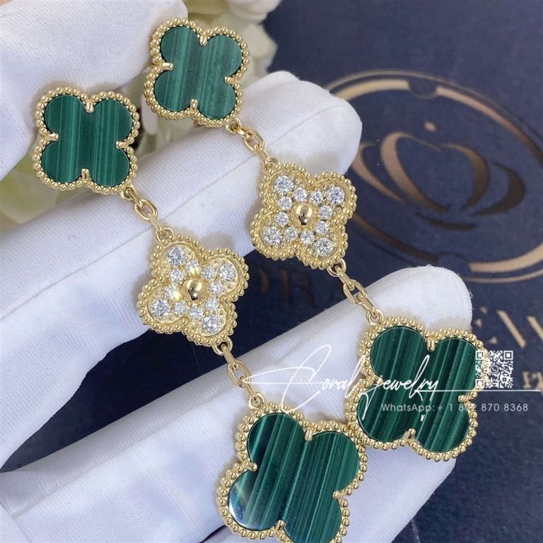 Van Cleef & Arpels Magic Alhambra Earrings, 3 Motifs Yellow Gold, Diamond, Malachite Vcaro9ii00 (4)