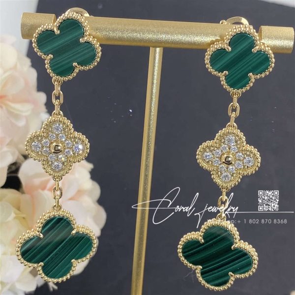 Van Cleef & Arpels Magic Alhambra Earrings, 3 Motifs Yellow Gold, Diamond, Malachite Vcaro9ii00 (6)