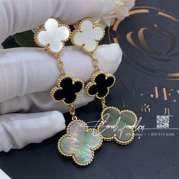 Van Cleef & Arpels Magic Alhambra Earrings, 3 Motifs Yellow Gold, Mother Of Pearl, Onyx Vcard79000 (3)