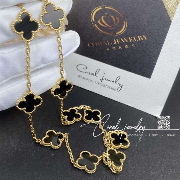 Van Cleef & Arpels Vintage Alhambra Necklace, 10 Motifs 18k Yellow Gold, Onyx Vcara42700 (6)