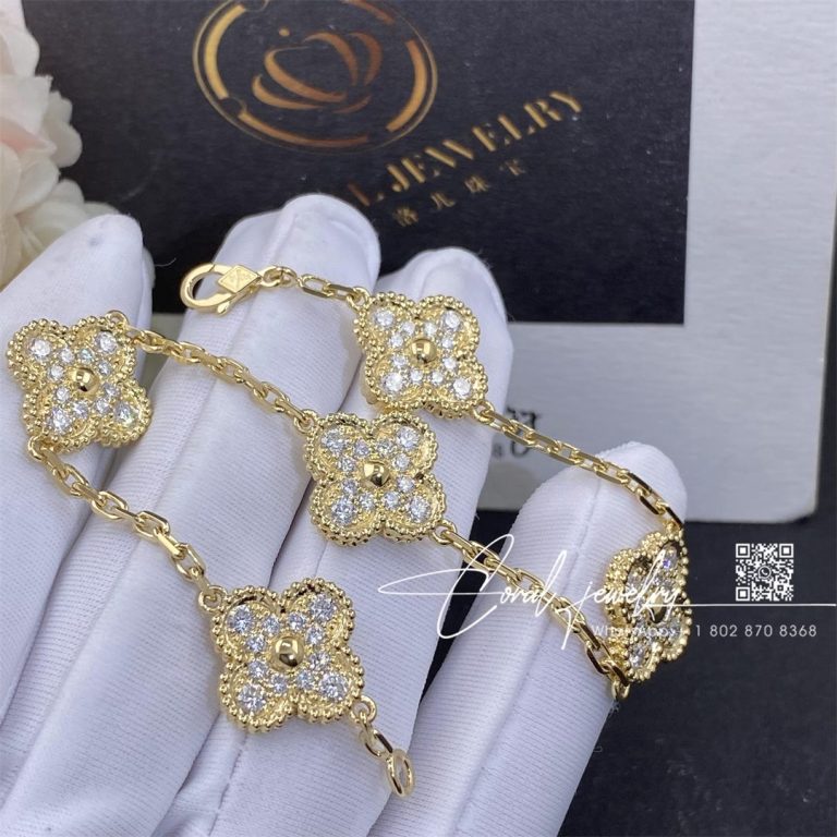 Van Cleef & Arpels Vintage Alhambra Bracelet, 5 Motifs Yellow Gold, Diamond Vcara41400 (3)