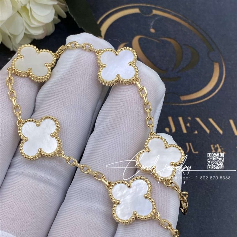 Van Cleef & Arpels Vintage Alhambra Bracelet, 5 Motifs Yellow Gold, Mother Of Pearl Vcara41800 (2)