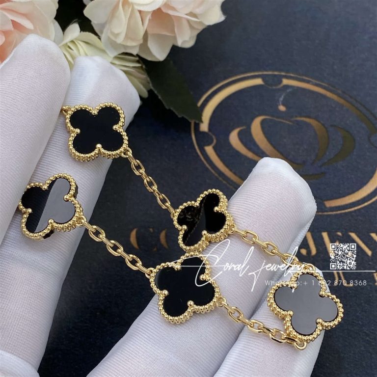 Van Cleef & Arpels Vintage Alhambra Bracelet, 5 Motifs Yellow Gold, Onyx Vcara41300 (1)