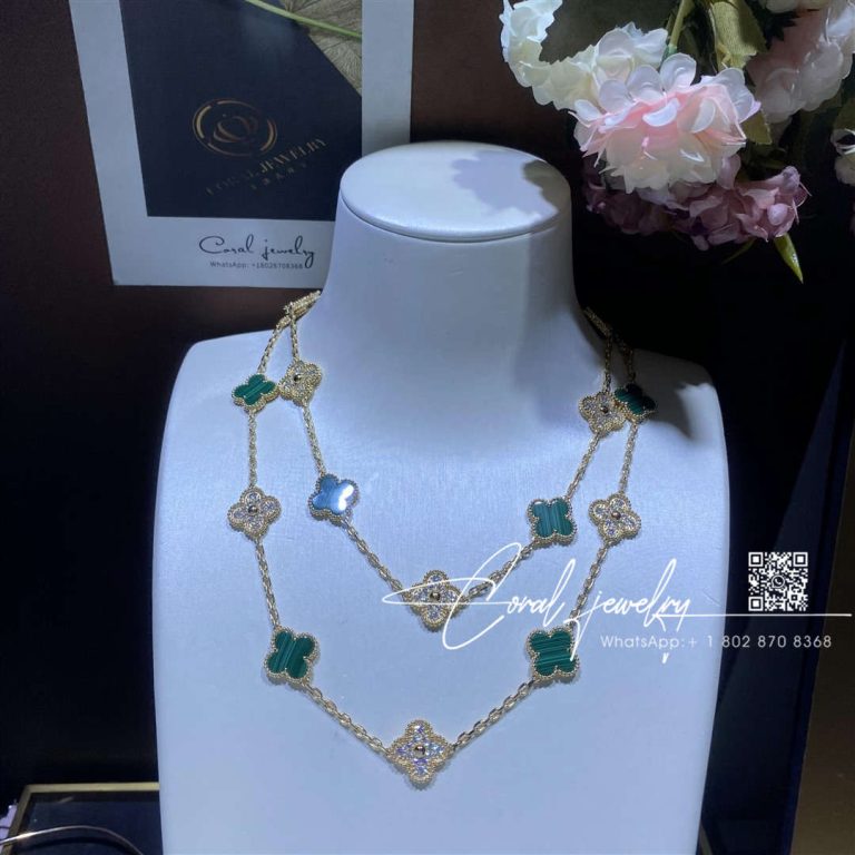 Van Cleef & Arpels Vintage Alhambra Long Necklace, 20 Motifs Yellow Gold, Diamond, Malachite Vcaro7gp00 (4)