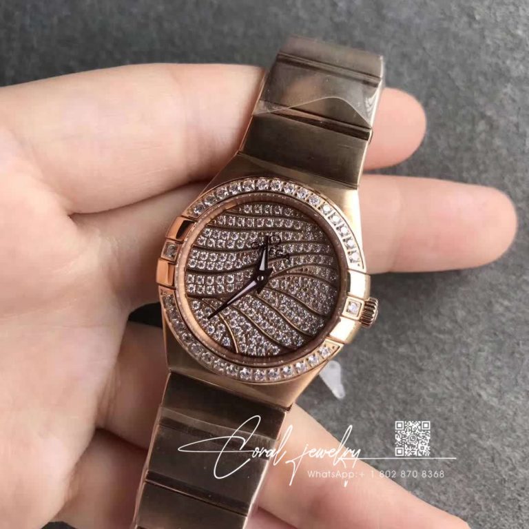 Replica Omega Constellation Ladies 27mm Tw Factory 18k Rose Gold Textured Diamond Dial (2)