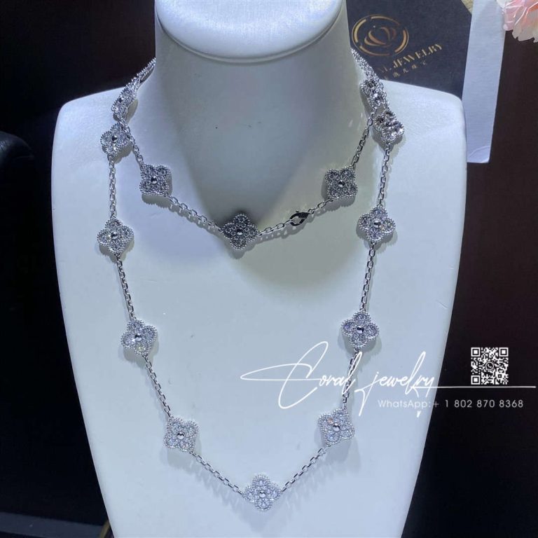 Van Cleef & Arpels Vintage Alhambra Long Necklace, 20 Motifs White Gold, Diamond Vcara43300 (2)