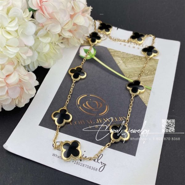 Van Cleef & Arpels Yellow Gold Onyx Pure Alhambra 9 Motif Long Necklace (10)