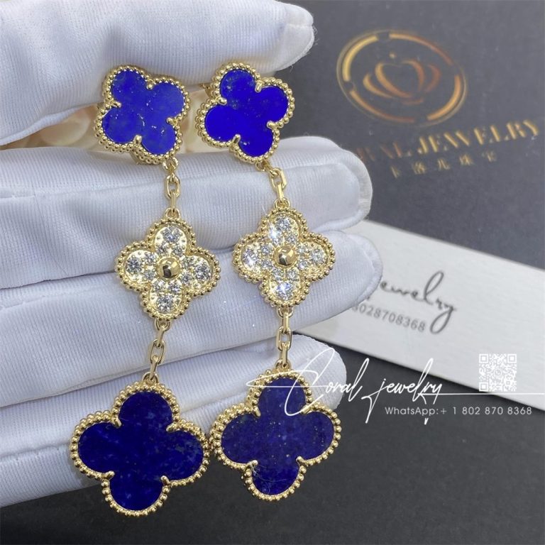 Van Cleef & Arpels Magic Alhambra Earrings, 3 Motifs Yellow Gold, Diamond, Lapis Lazuli (3)