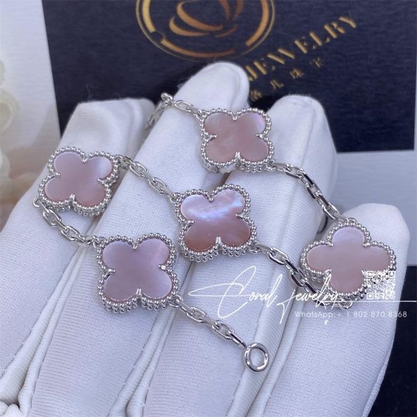 Van Cleef & Arpels Vintage Alhambra 5 Motif 18k White Gold Pink Mother Of Pearl Bracelet (5)