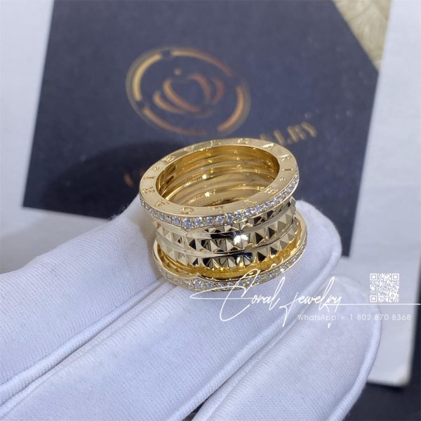 Bulgari B.zero1 Rock Four Band Ring In 18 Kt Yellow Gold With Studded Spiral And Pavé Diamonds On The Edges Ref. 357894 (2)