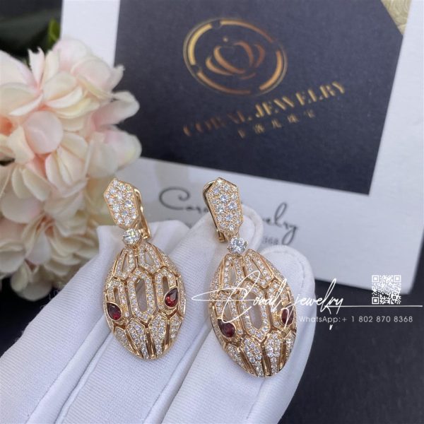 Bulgari Serpenti 18 Kt Rose Gold Earrings Set With Pavé Diamonds And Rubellite Eyes (7)