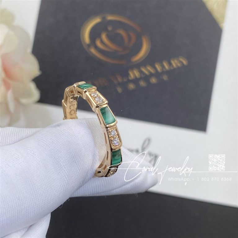 Bulgari Serpenti Viper 18 Kt Rose Gold Thin Ring Set With Malachite Elements And Pavé Diamonds Ref. 356758 (6)