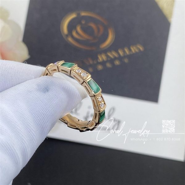 Bulgari Serpenti Viper 18 Kt Rose Gold Thin Ring Set With Malachite Elements And Pavé Diamonds Ref. 356758 (7)