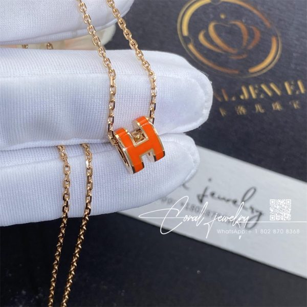 Hermes Lacquered Gold Mini Pop H Pendant Necklace Orange (6)