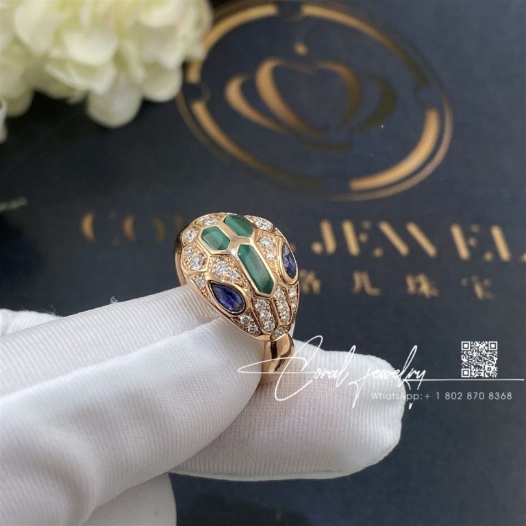 Bulgari Serpenti 18 Kt Rose Gold Ring Set With Blue Sapphire Eyes, Malachite Elements And Pavé Diamonds Ref. 356207 (2)