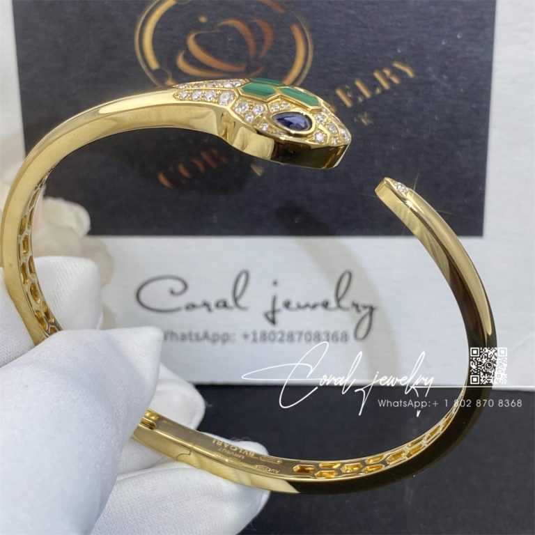 Bulgari Serpenti 18 Kt Yellow Gold Bracelet Set With Blue Sapphire Eyes, Malachite Elements And Pavé Diamonds (4)