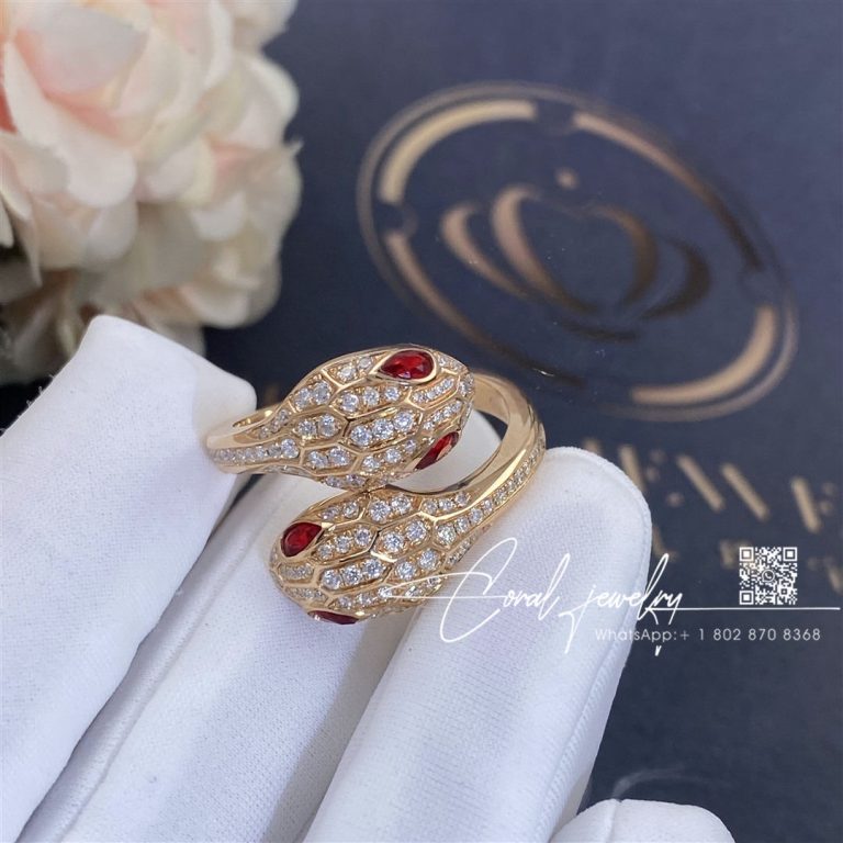 Bulgari Serpenti Seduttori 18 Kt Rose Gold Double Head Ring Set With Rubellite Eyes And Pavé Diamonds Ref. 358090 (1)