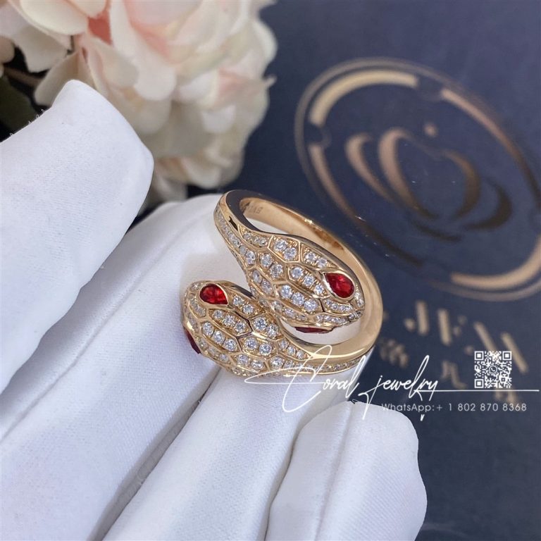 Bulgari Serpenti Seduttori 18 Kt Rose Gold Double Head Ring Set With Rubellite Eyes And Pavé Diamonds Ref. 358090 (2)