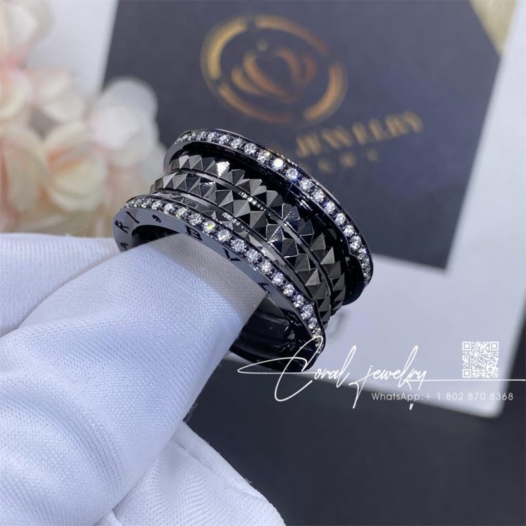 Bulgari B.zero1 Rock Four Band Ring In Black Ceramic With Studded Spiral And Pavé Diamonds On The Edges Ref. 358677 (5)