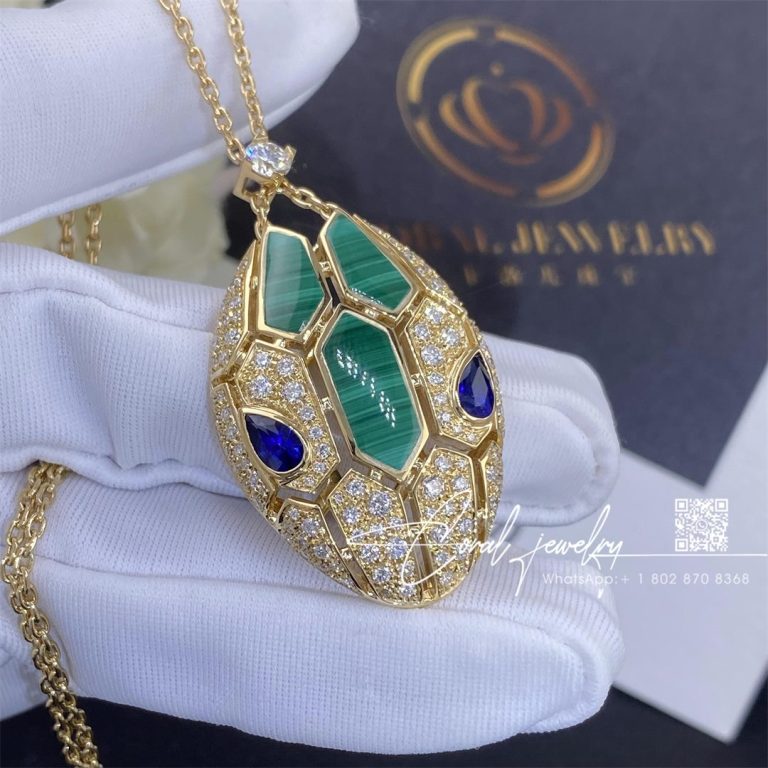 Bulgari Serpenti 18 Kt Rose Gold Necklace Set With Blue Sapphire Eyes, Malachite Elements And Pavé Diamonds On The Pendant Ref. 356782 (4)