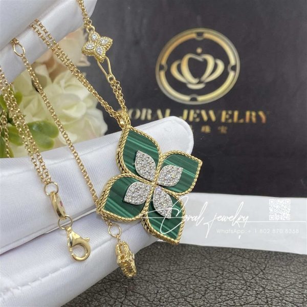 Roberto Coin Princess Flower Pendant Yellow Gold With Diamonds And Malachite 34mm (1)