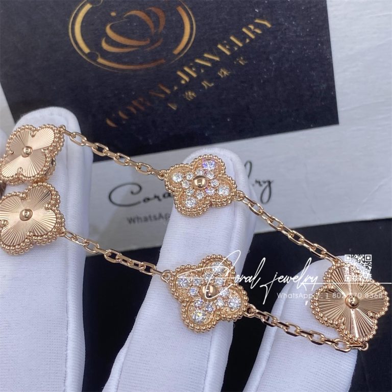 Van Cleef & Arpels Vintage Alhambra Bracelet, 5 Motifs Rose Gold, Diamond Vcarp4kn00 (5)