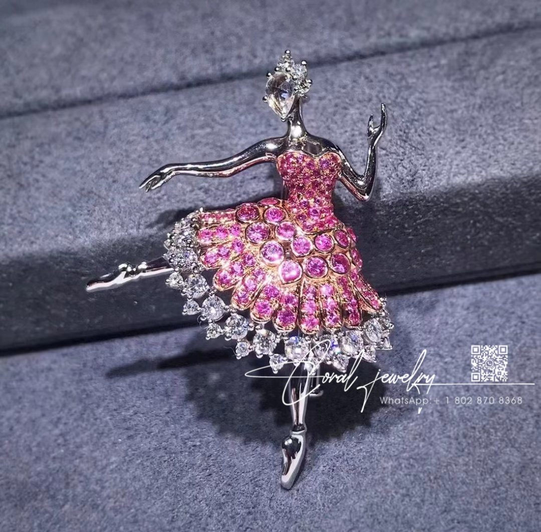 Van Cleef & Arpels Cardinal Rose Ballerina Brooch White Gold, Pink Gold, Pink Sapphires, Diamonds (14)