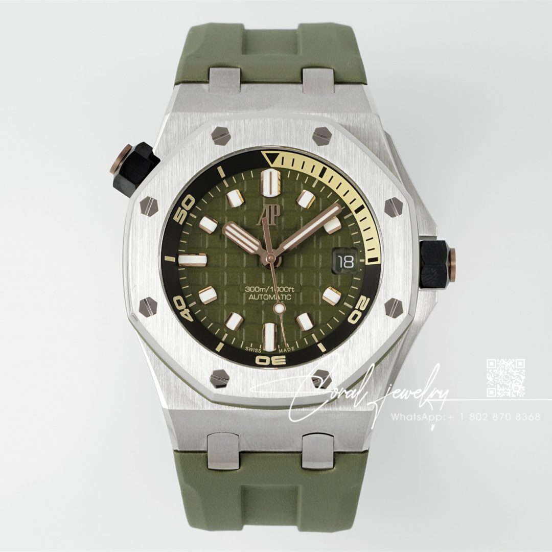 Replica Audemars Piguet Royal Oak 15720 Bb Ss Green Dial Green Rubber Strap 4308 (1)