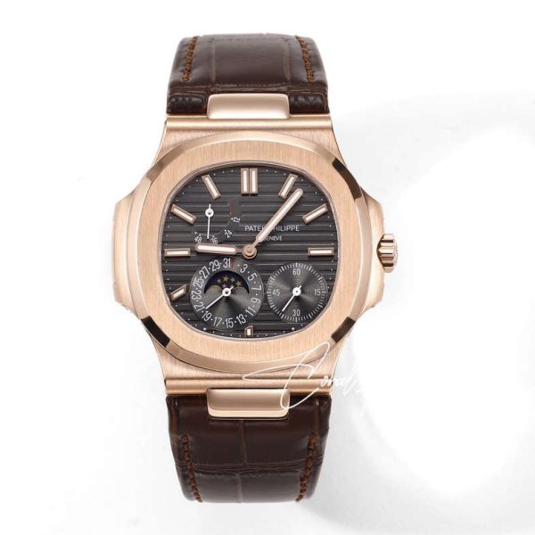 Replica Patek Philippe Nautilus Moonphase 5712 Grf Rg Grey Dial Brown Leather Strap Swiss 240 Ps (1)