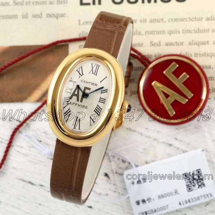 Replica Cartier Baignoire Af Mini Silver Dial In Yellow Gold On Brown Leather Strap (1)