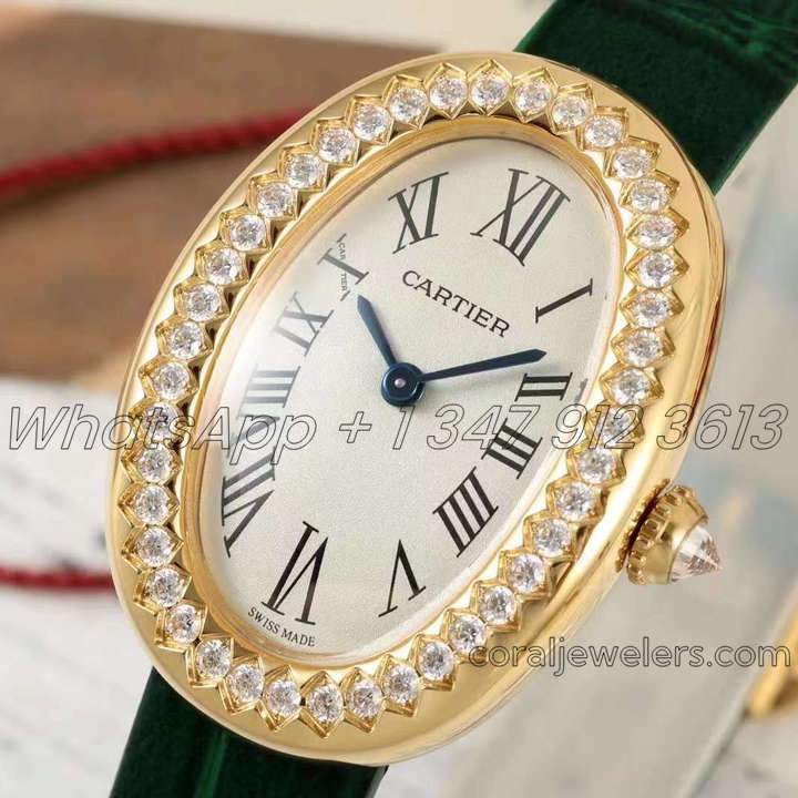 Replica Cartier Baignoire Af Mini Silver Dial In Yellow Gold On Green Leather Strap (1)