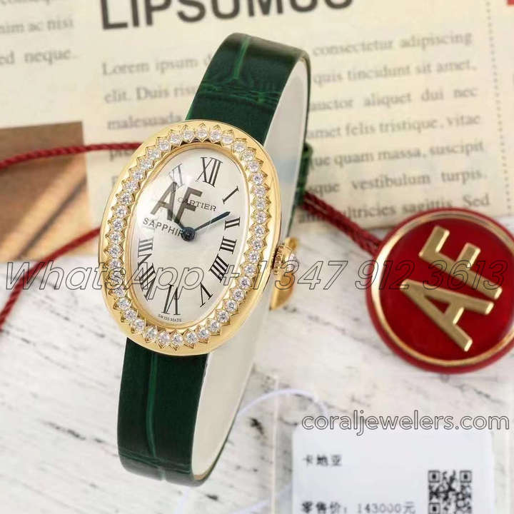 Replica Cartier Baignoire Af Mini Silver Dial In Yellow Gold On Green Leather Strap