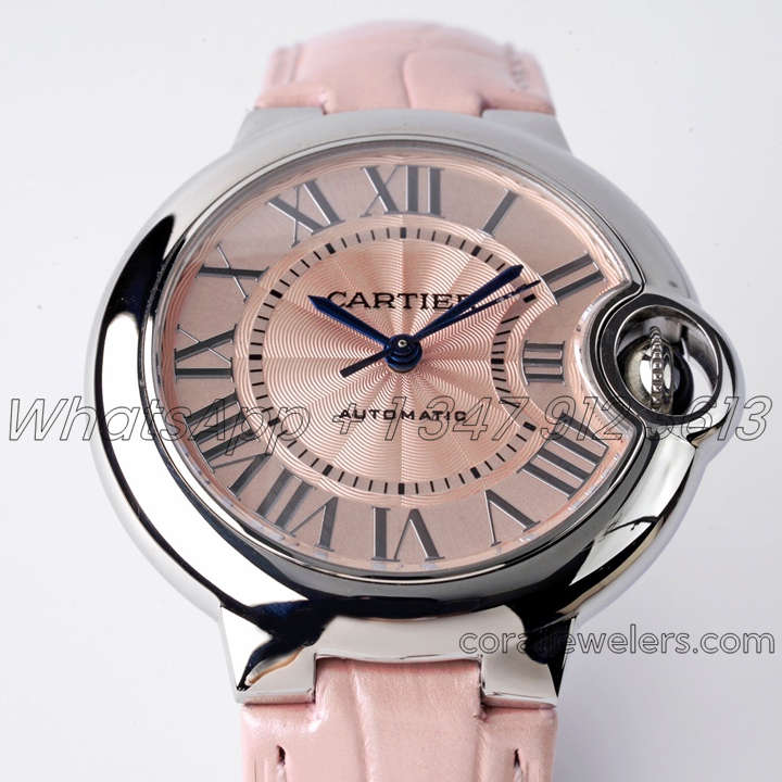 Replica Cartier Ballon Bleu 33mm Af Pink Dial In Steel On Pink Leather Strap (2)