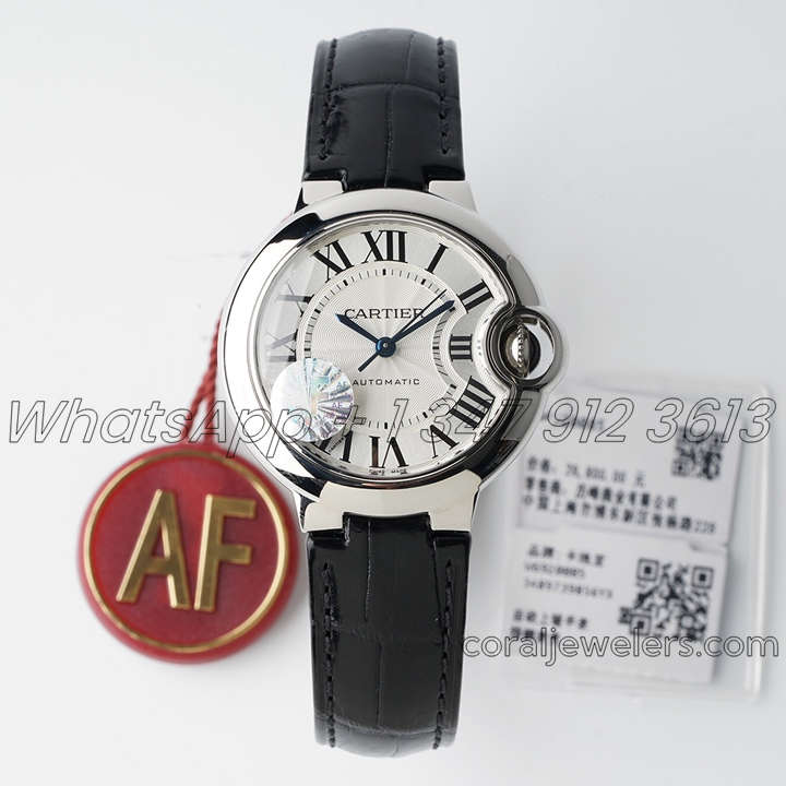 Replica Cartier Ballon Bleu 33mm Af Silver Dial In Steel On Black Leather Strap (1)