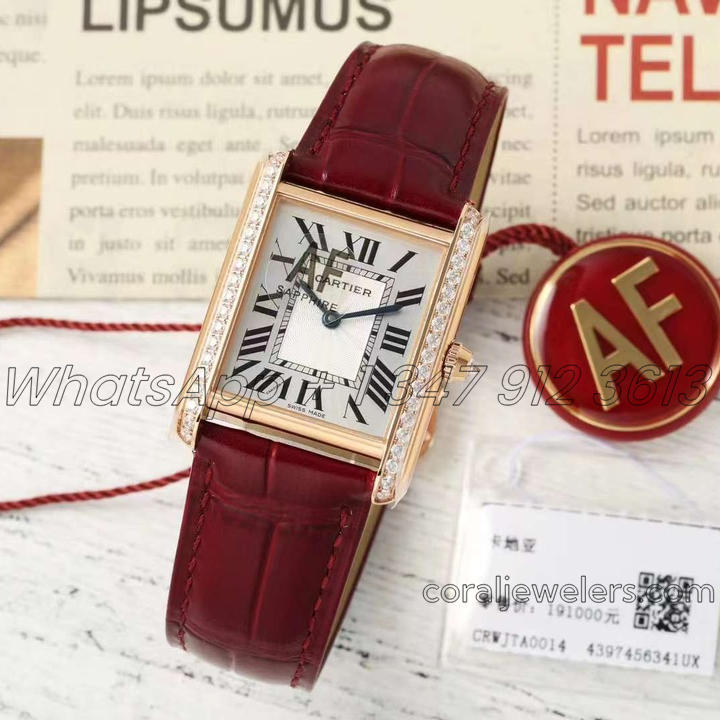 Replica Cartier Tank Louis Ladies Af White Dial Rose Gold With Diamond Bezel In Brown Leather Strap (1)