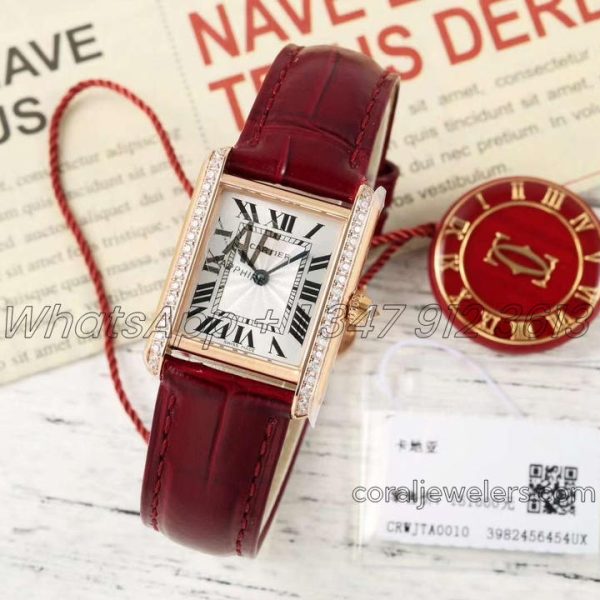 Replica Cartier Tank Louis Ladies Af White Dial Rose Gold With Diamond Bezel In Red Leather Strap (1)