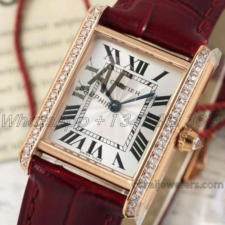 Replica Cartier Tank Louis Ladies Af White Dial Rose Gold With Diamond Bezel In Red Leather Strap (2)