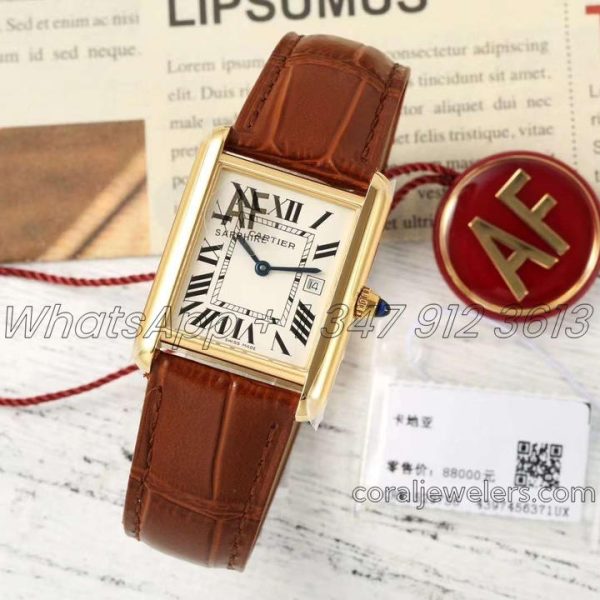 Replica Cartier Tank Louis Ladies Af White Dial In Yellow Gold In Brown Leather Strap (1)