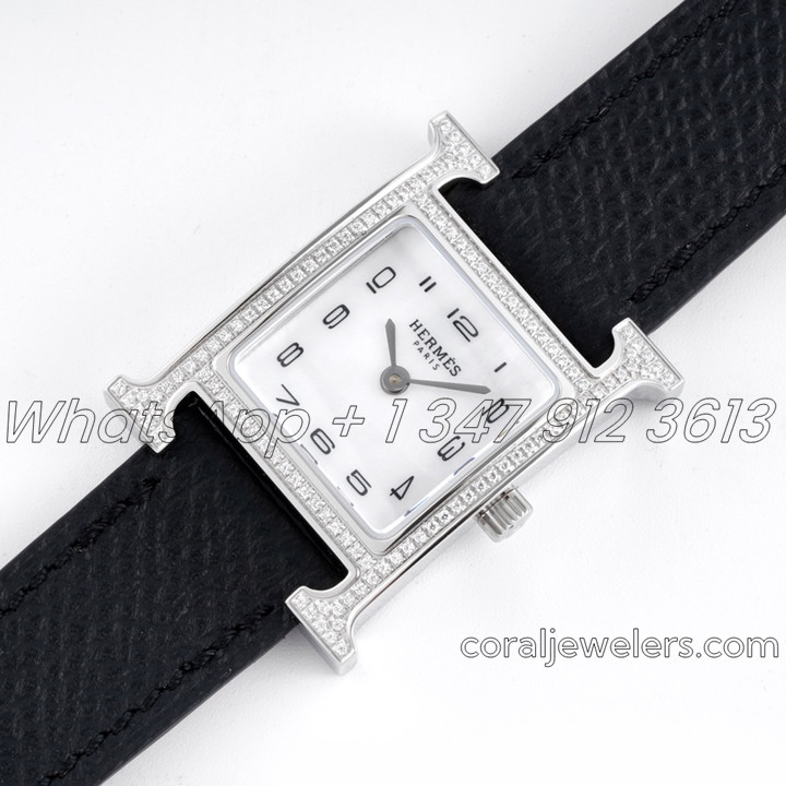 Replica Hermes Heure H 21mm Bvf Mop Dial In Steel With Diamond Bezel On Black Epsom Leather Strap (2)