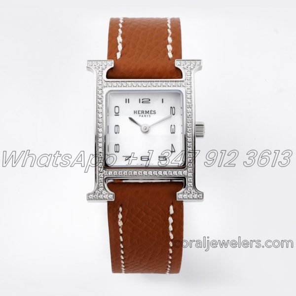 Replica Hermes Heure H 21mm Bvf Mop Dial In Steel With Diamond Bezel On Brown Espom Leather Strap (1)