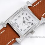 Replica Hermes Heure H 21mm Bvf Mop Dial In Steel With Diamond Bezel On Brown Espom Leather Strap (3)