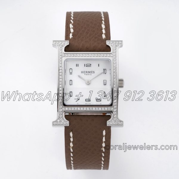 Replica Hermes Heure H 21mm Bvf Mop Dial In Steel With Diamond Bezel On Dark Brown Espom Leather Strap (1)