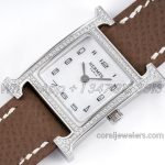 Replica Hermes Heure H 21mm Bvf Mop Dial In Steel With Diamond Bezel On Dark Brown Espom Leather Strap (3)