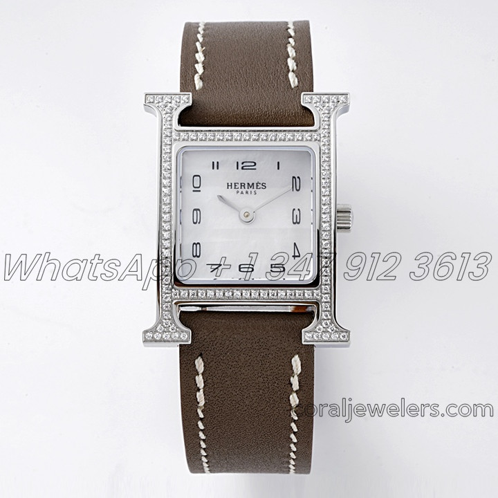 Replica Hermes Heure H 21mm Bvf Mop Dial In Steel With Diamond Bezel On Dark Brown Leather Strap (1)