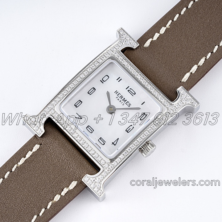 Replica Hermes Heure H 21mm Bvf Mop Dial In Steel With Diamond Bezel On Dark Brown Leather Strap (2)