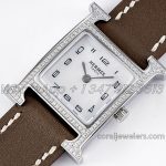 Replica Hermes Heure H 21mm Bvf Mop Dial In Steel With Diamond Bezel On Dark Brown Leather Strap (3)