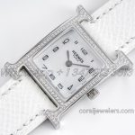 Replica Hermes Heure H 21mm Bvf Mop Dial In Steel With Diamond Bezel On White Epsom Leather Strap (3)