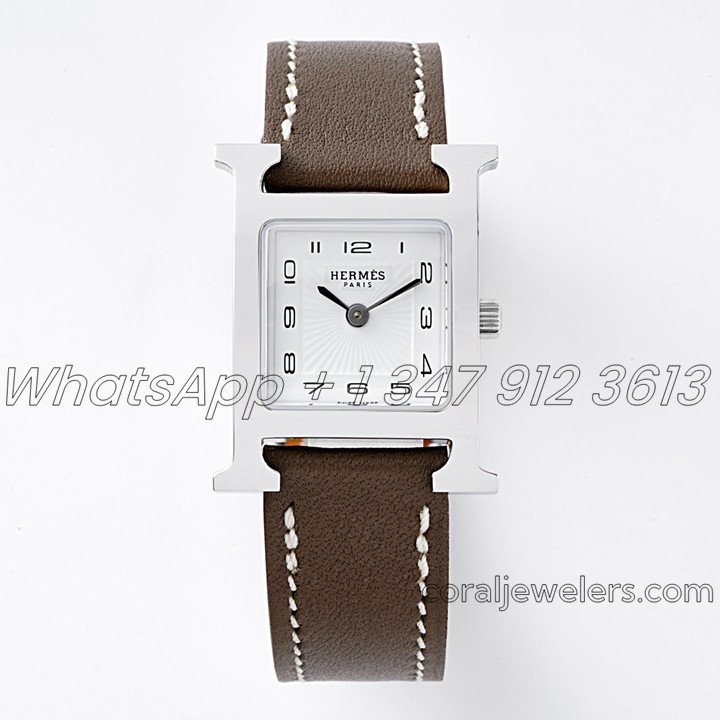 Replica Hermes Heure H 21mm Bvf White Dial In Steel On Brown Leather Strap (1)